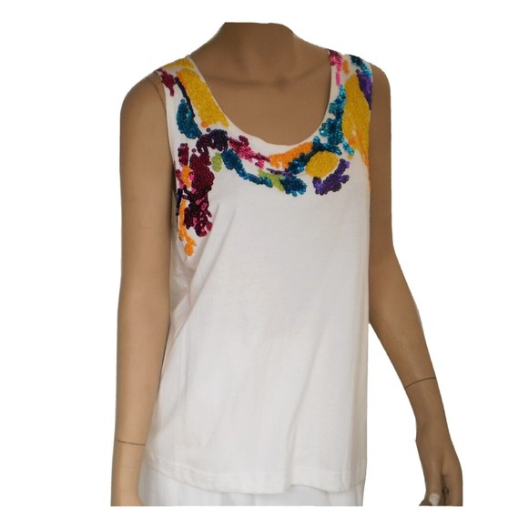 Vintage Gene Ewing Yellow Pink Blue Sequined White Tank Top Womens Size Medium - Picture 8 of 10